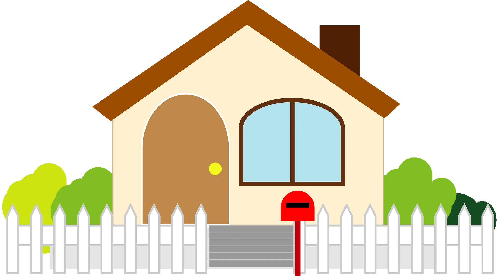 Charming Suburban Home Clipart with White Picket Fence and Lush Green Landscape