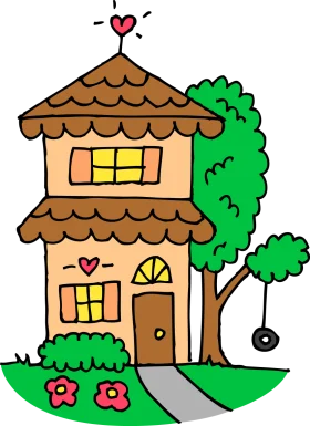 Charming Two-Story Family Home Clipart with Adorable Heart Details and Landscape