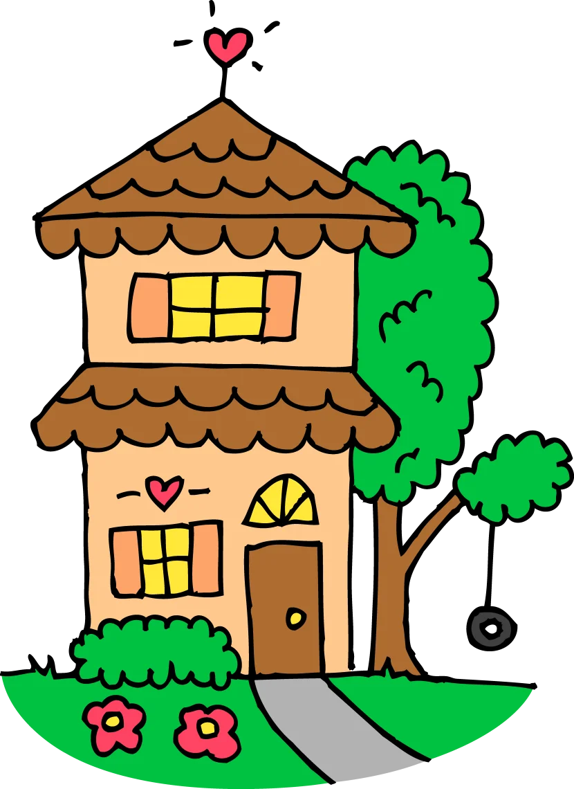 Charming Two-Story Family Home Clipart with Adorable Heart Details and Landscape