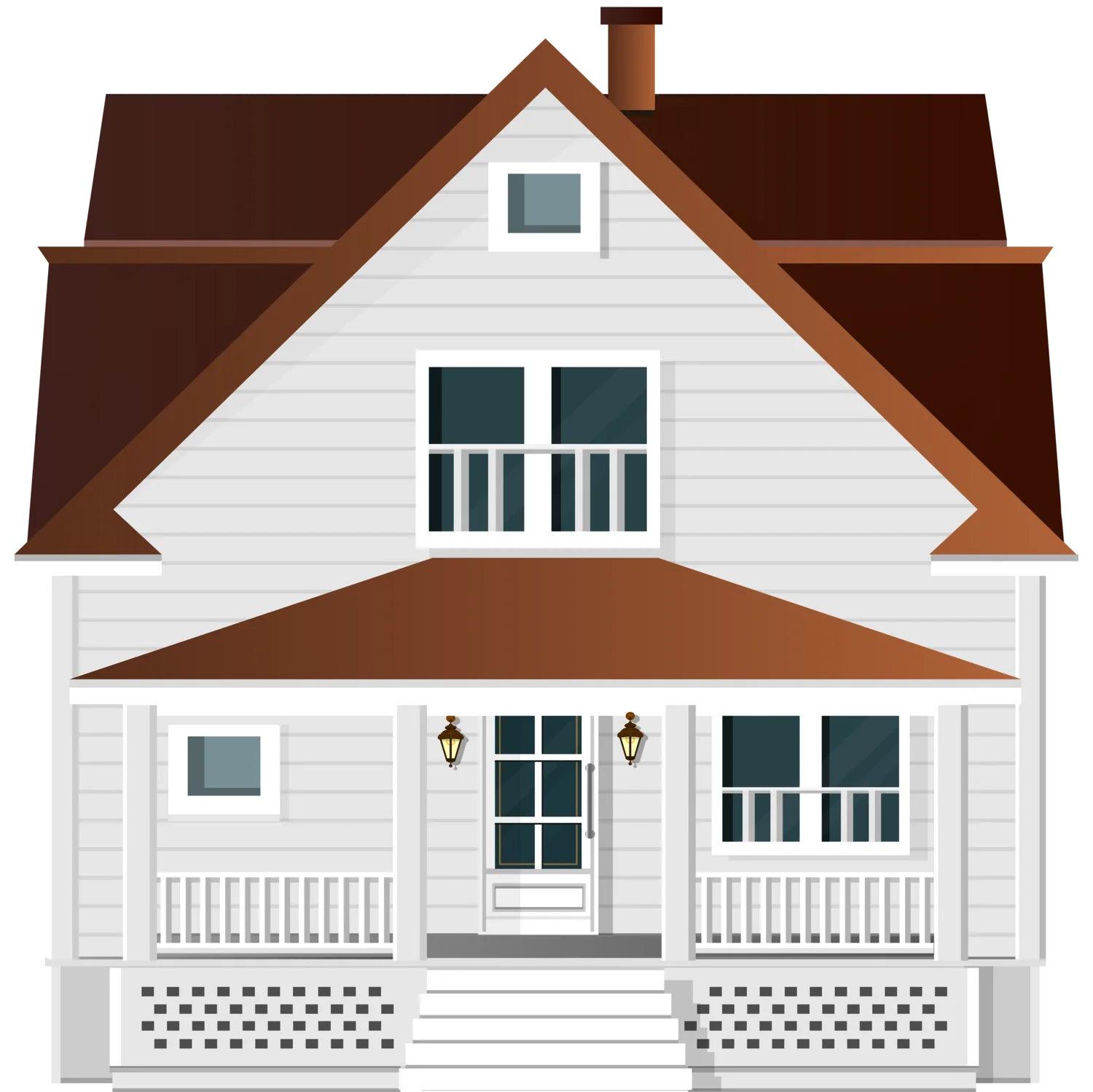 Classic White and Brown Two-Story Farmhouse Home Architectural Clipart Design