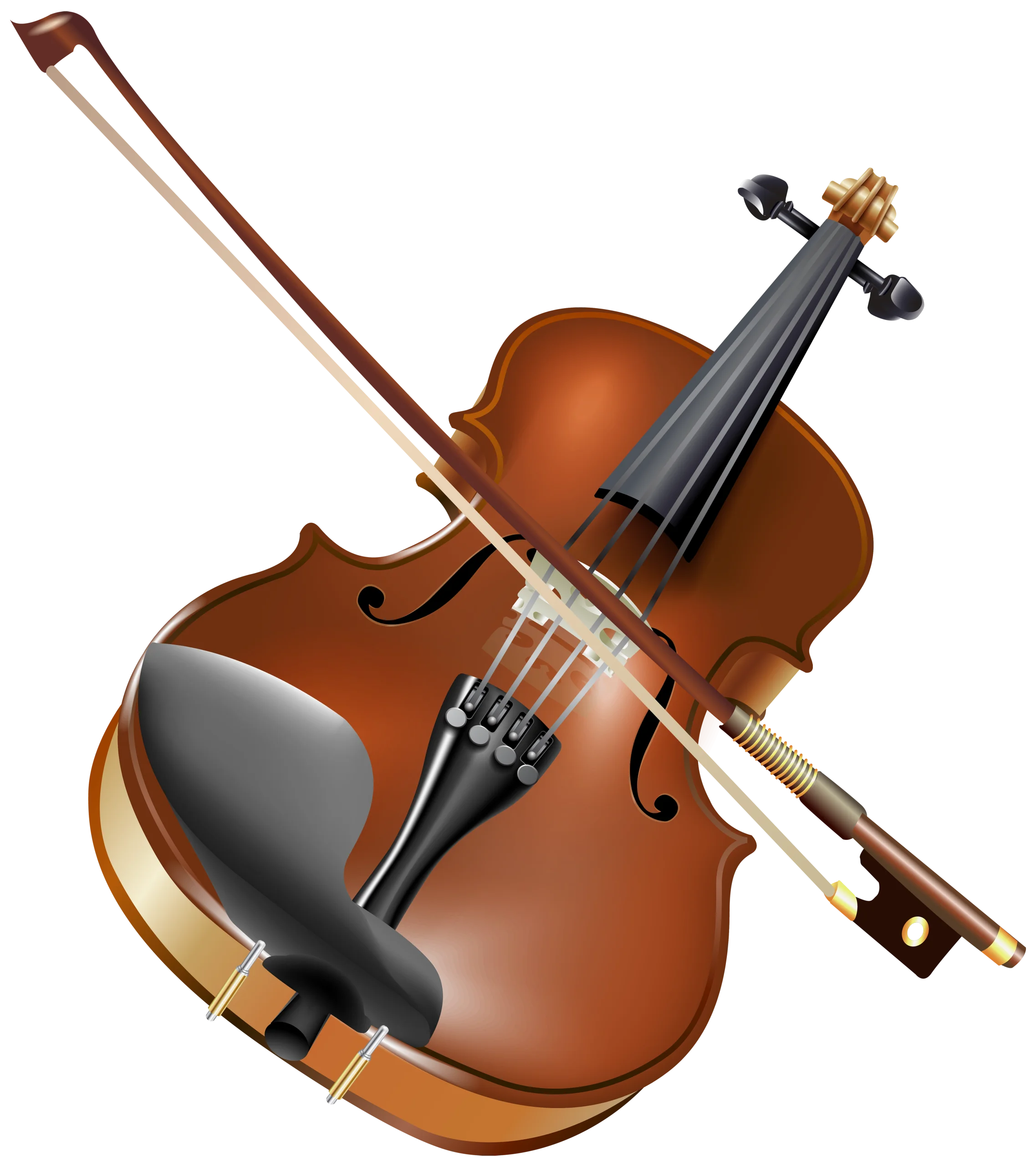Detailed Wooden Violin Clipart with Bow Showcasing Intricate Musical Instrument Design