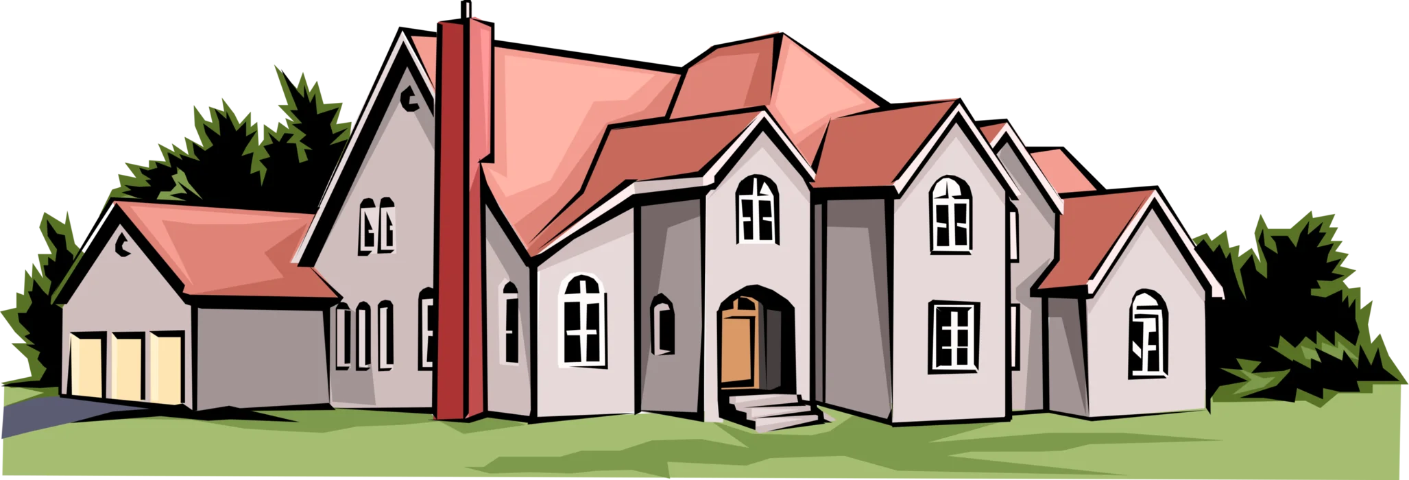 Elegant Suburban Family Home Architectural Clipart Illustration Design