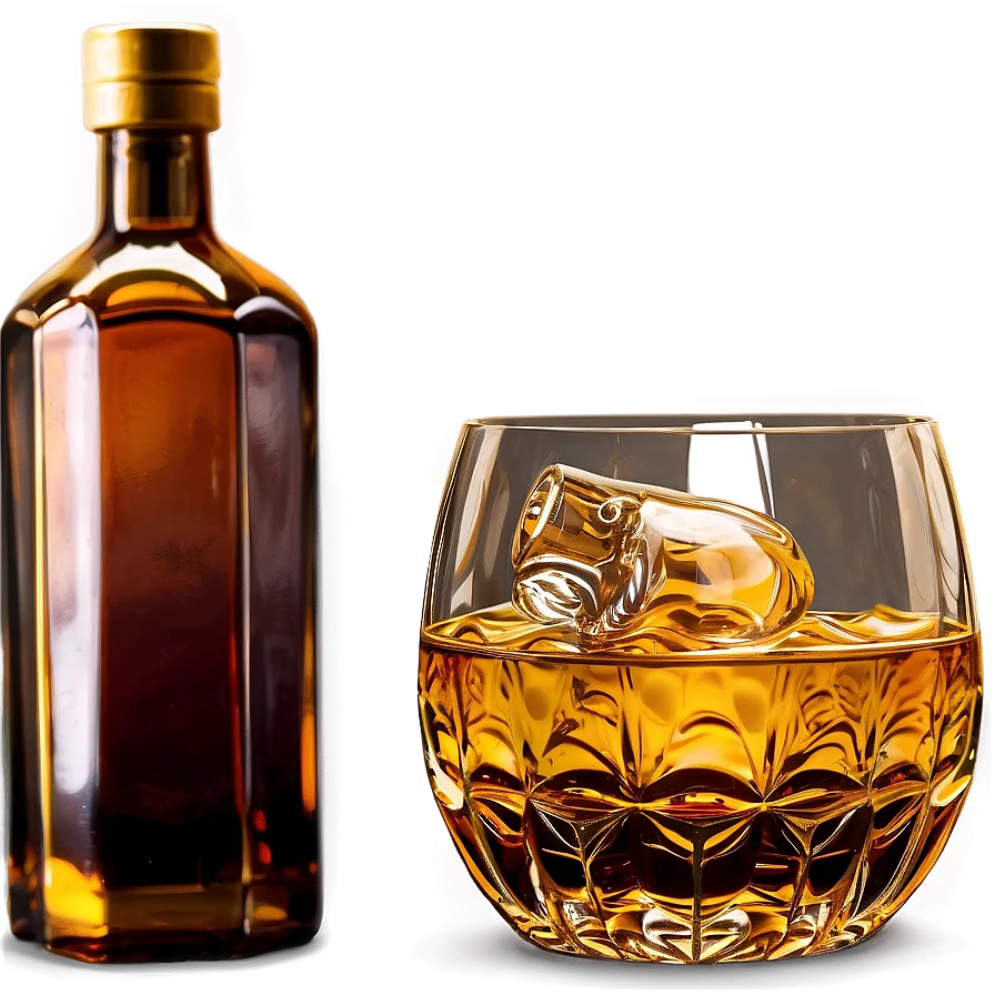 Elegant Whisky Bottle and Crystal Glass Clipart with Ice Cubes