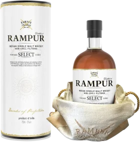 Rampur Select Single Malt Indian Whisky Clipart with Elegant Packaging Design