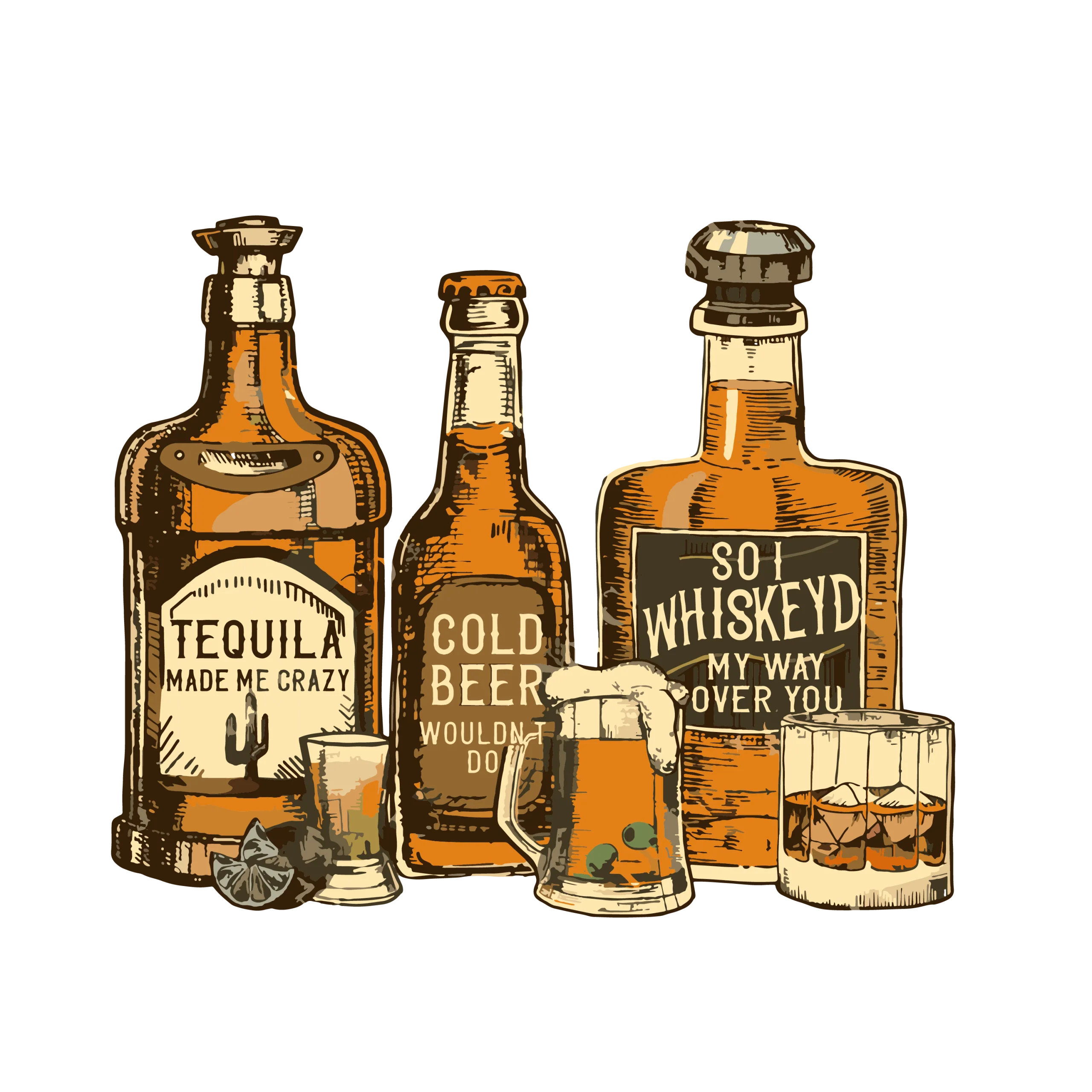 Vintage Alcohol Bottles Clipart: Nostalgic Spirits and Beverages Illustration Design