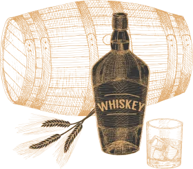 Vintage Whiskey Barrel and Bottle Artistic Engraved Clipart Illustration