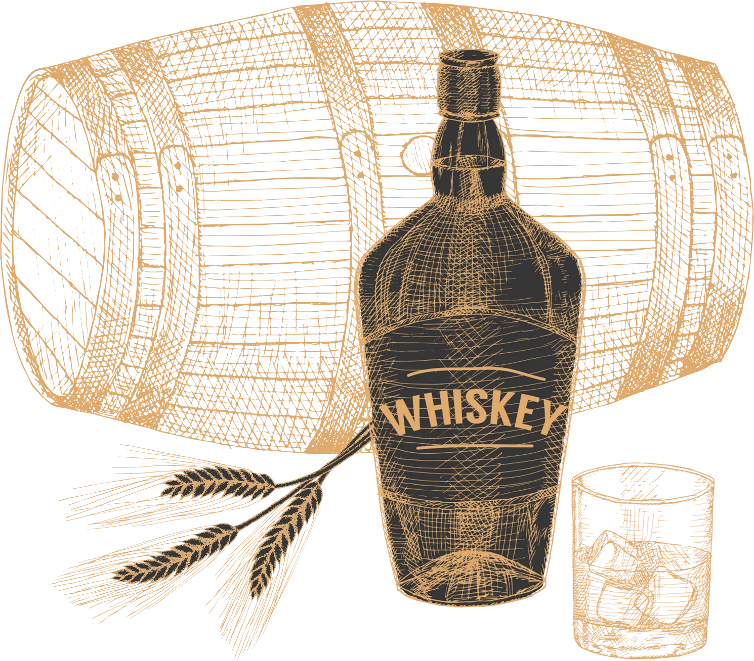 Vintage Whiskey Barrel and Bottle Artistic Engraved Clipart Illustration