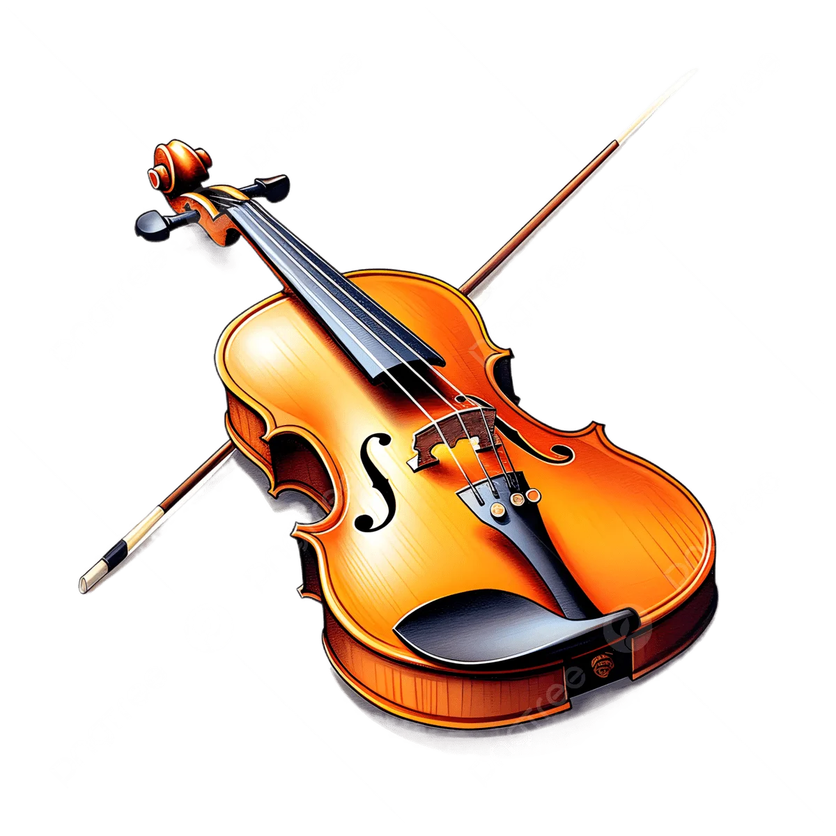 Classic Wooden Violin Clipart: Detailed Illustration of Stringed Instrument with Bow