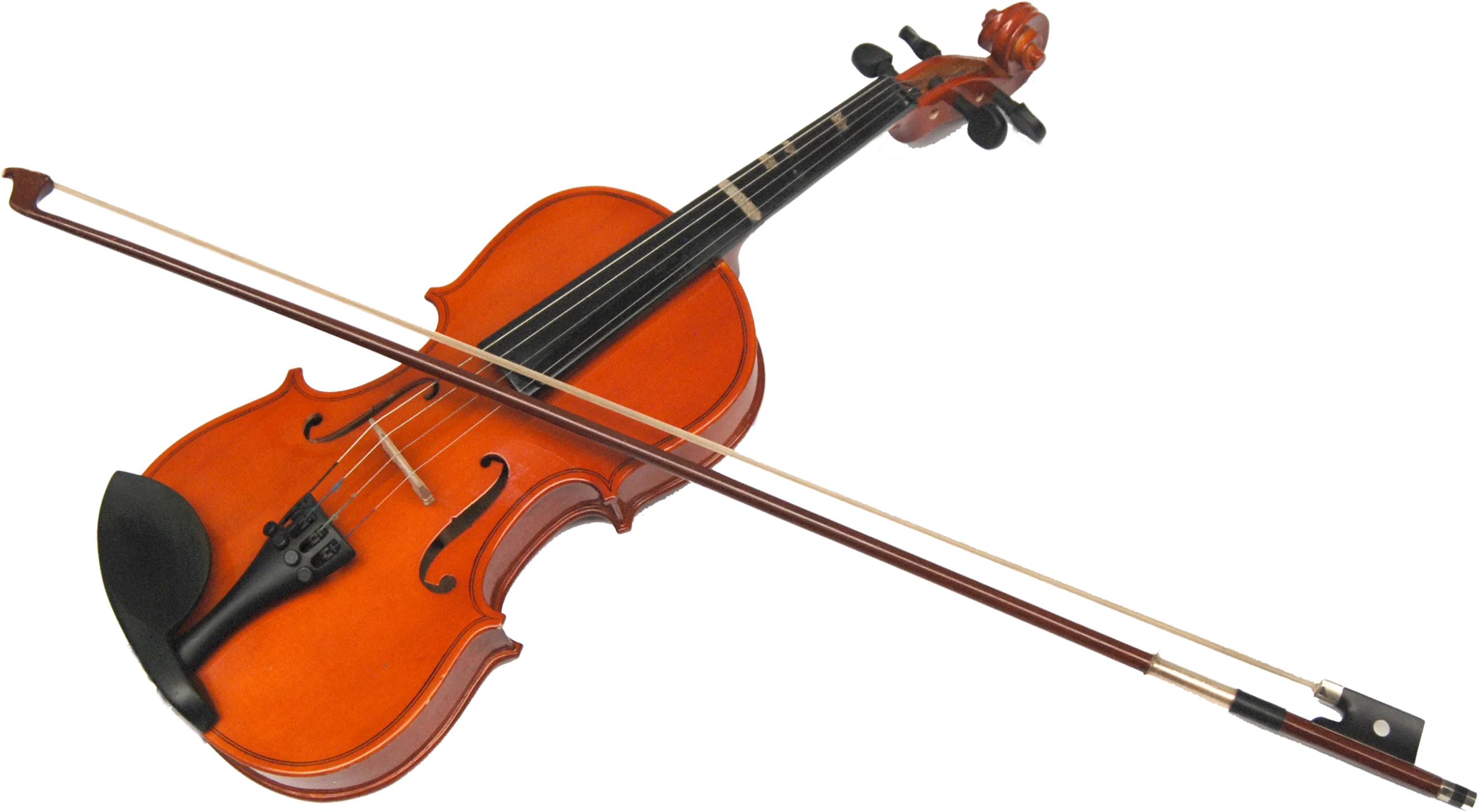 Detailed Wooden Acoustic Violin Clipart with Bow in Classic Warm Orange Tone