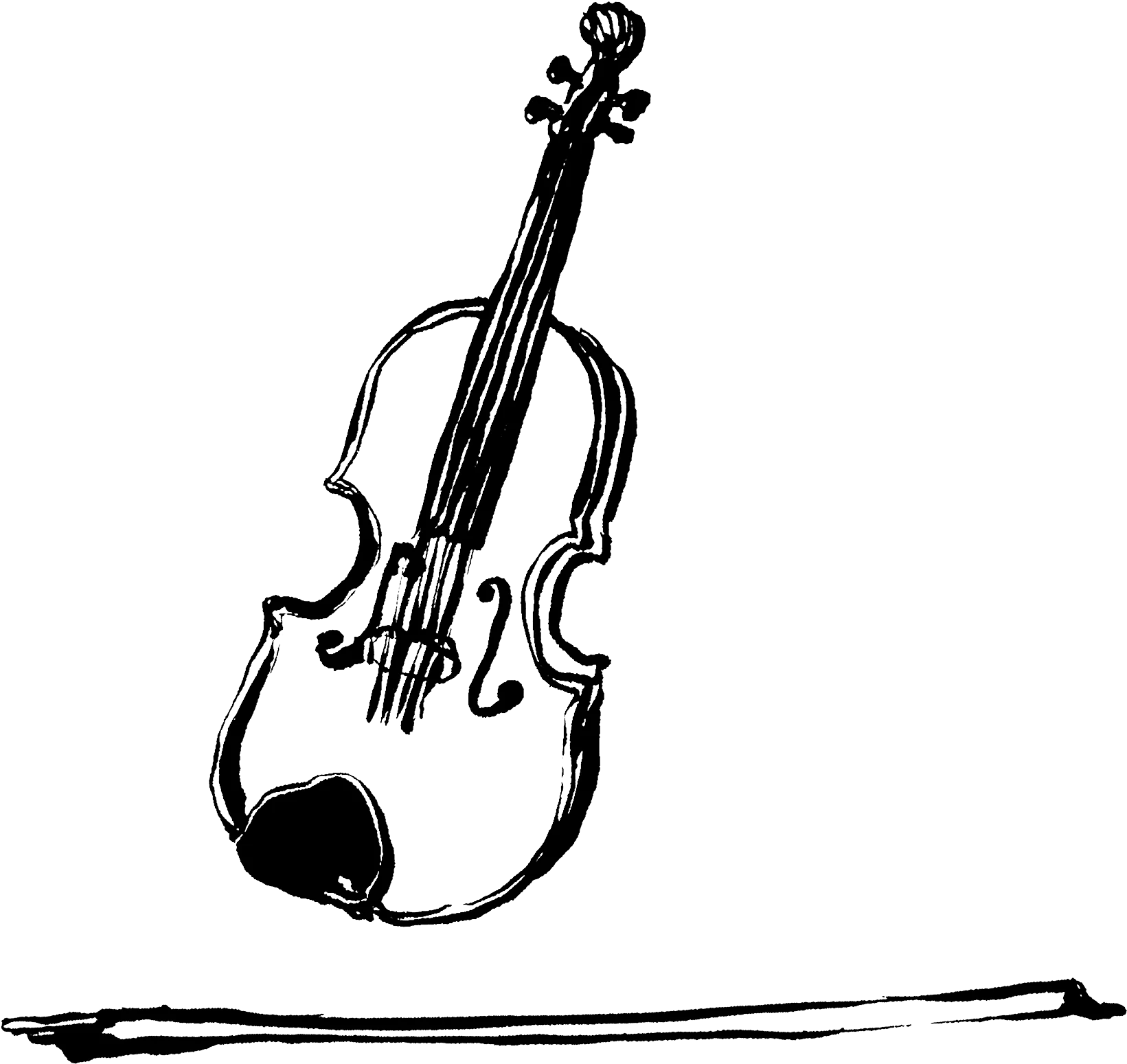 Elegant Black and White Hand-Drawn Violin Clipart with Artistic Bow Illustration
