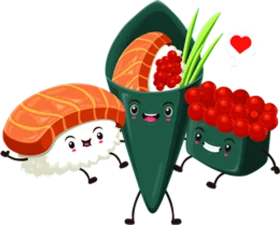 Adorable Kawaii Sushi Friends Clipart: Cute Seafood Characters Smiling Together