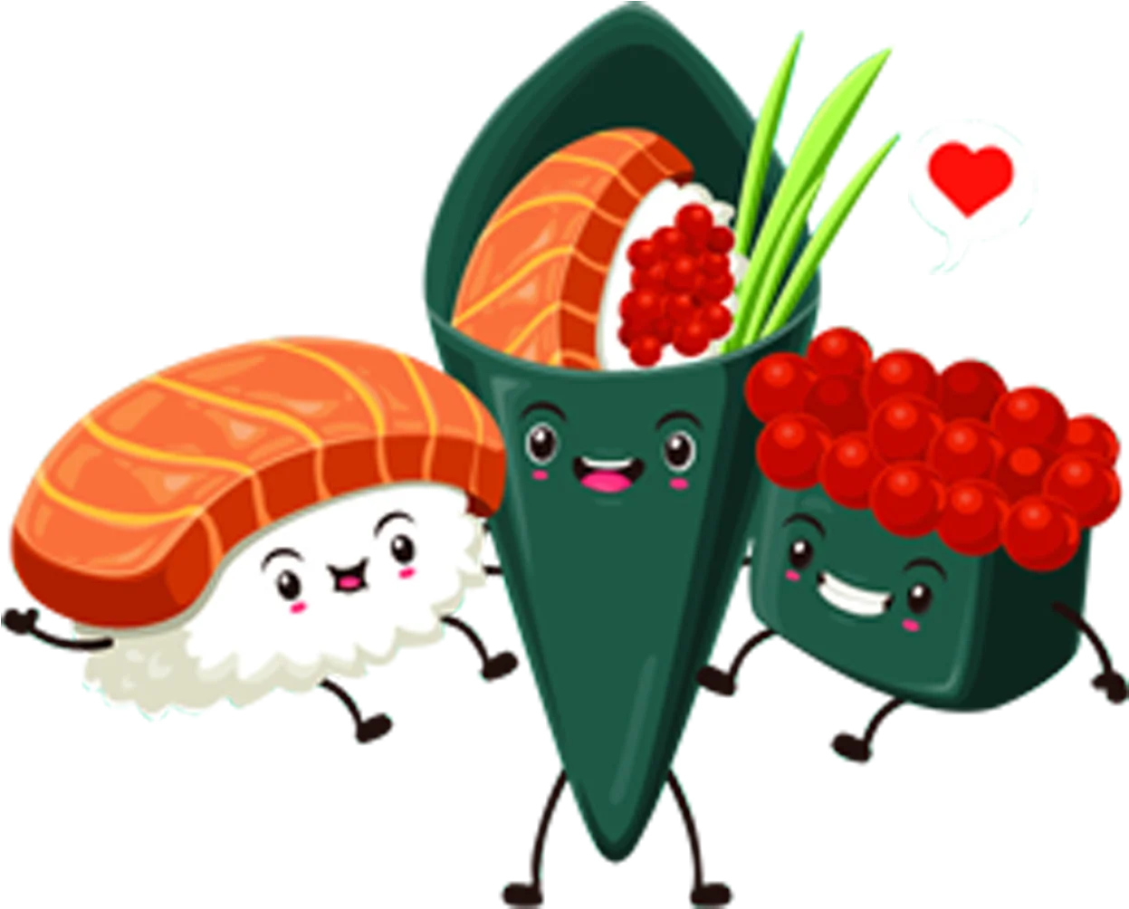 Adorable Kawaii Sushi Friends Clipart: Cute Seafood Characters Smiling Together