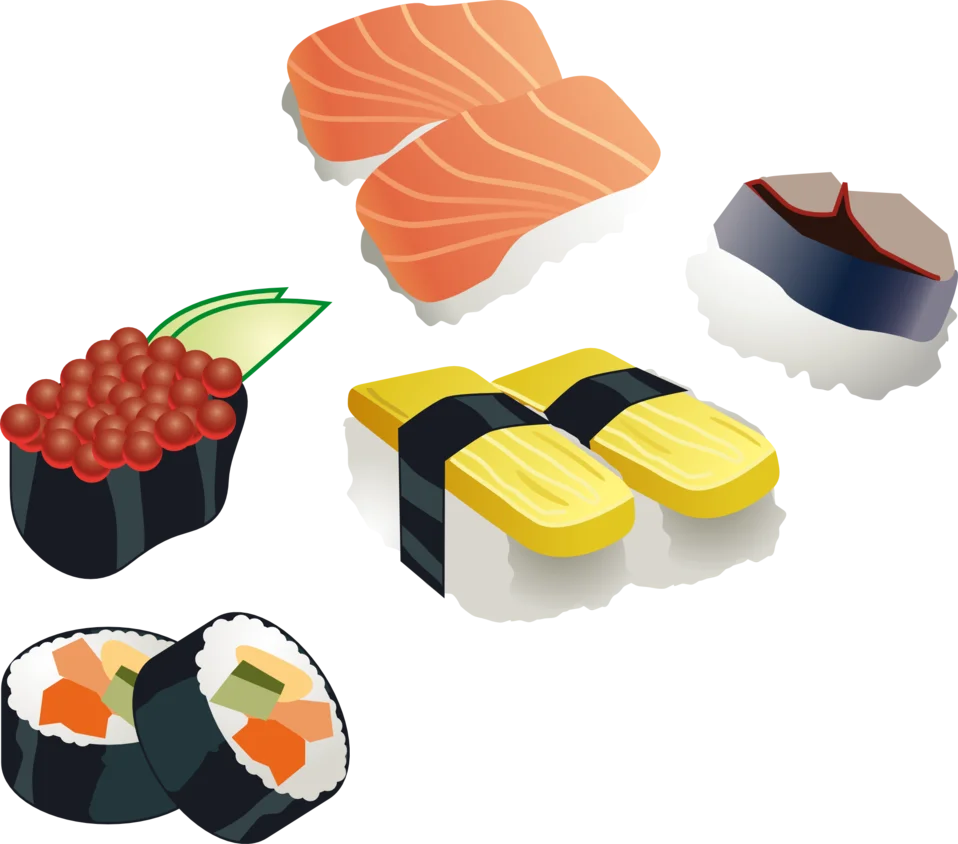 Delightful Japanese Cuisine Sushi Rolls and Ingredients Clipart Collection