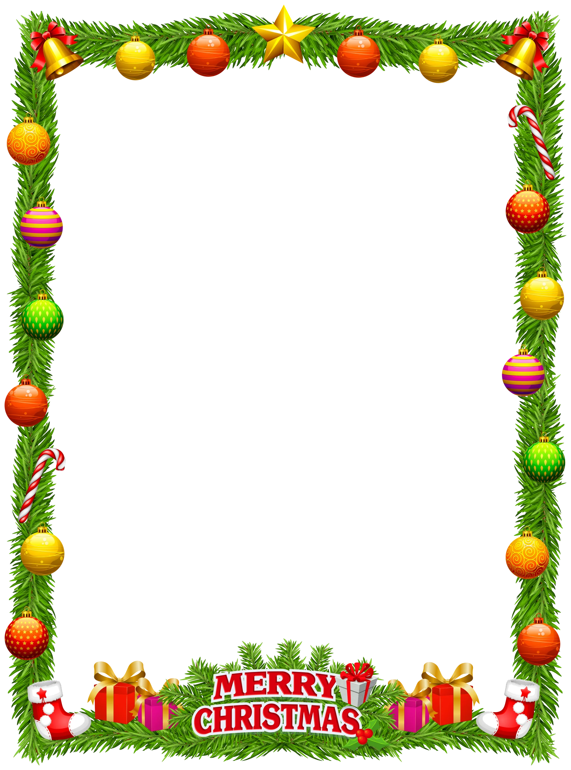 Festive Christmas Border Clipart with Ornaments, Pine Branches, and Gifts