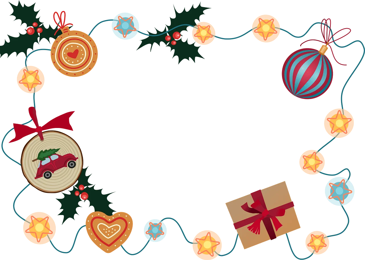 Festive Christmas Ornaments and Holly Border Clipart with Twinkling Lights