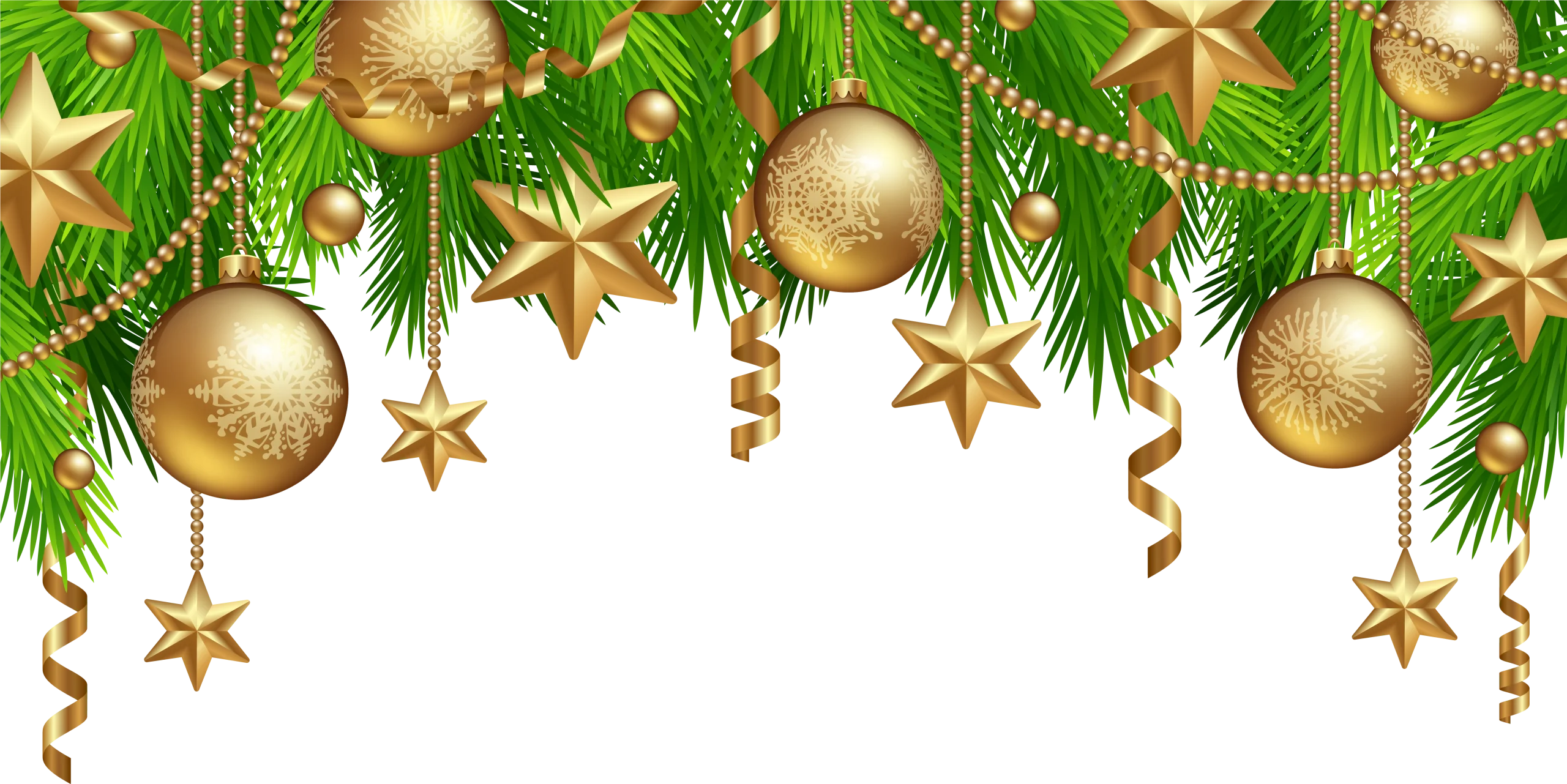 Festive Golden Ornaments and Pine Branches Christmas Border Clipart Design