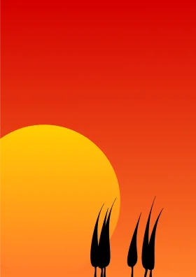 Minimalist Sunset Landscape Clipart with Silhouetted Trees Against Radiant Orange Sky