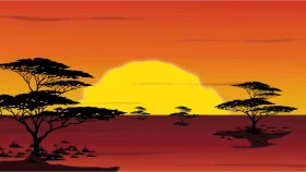 Serene African Savanna Sunset Clipart with Acacia Trees and Glowing Horizon