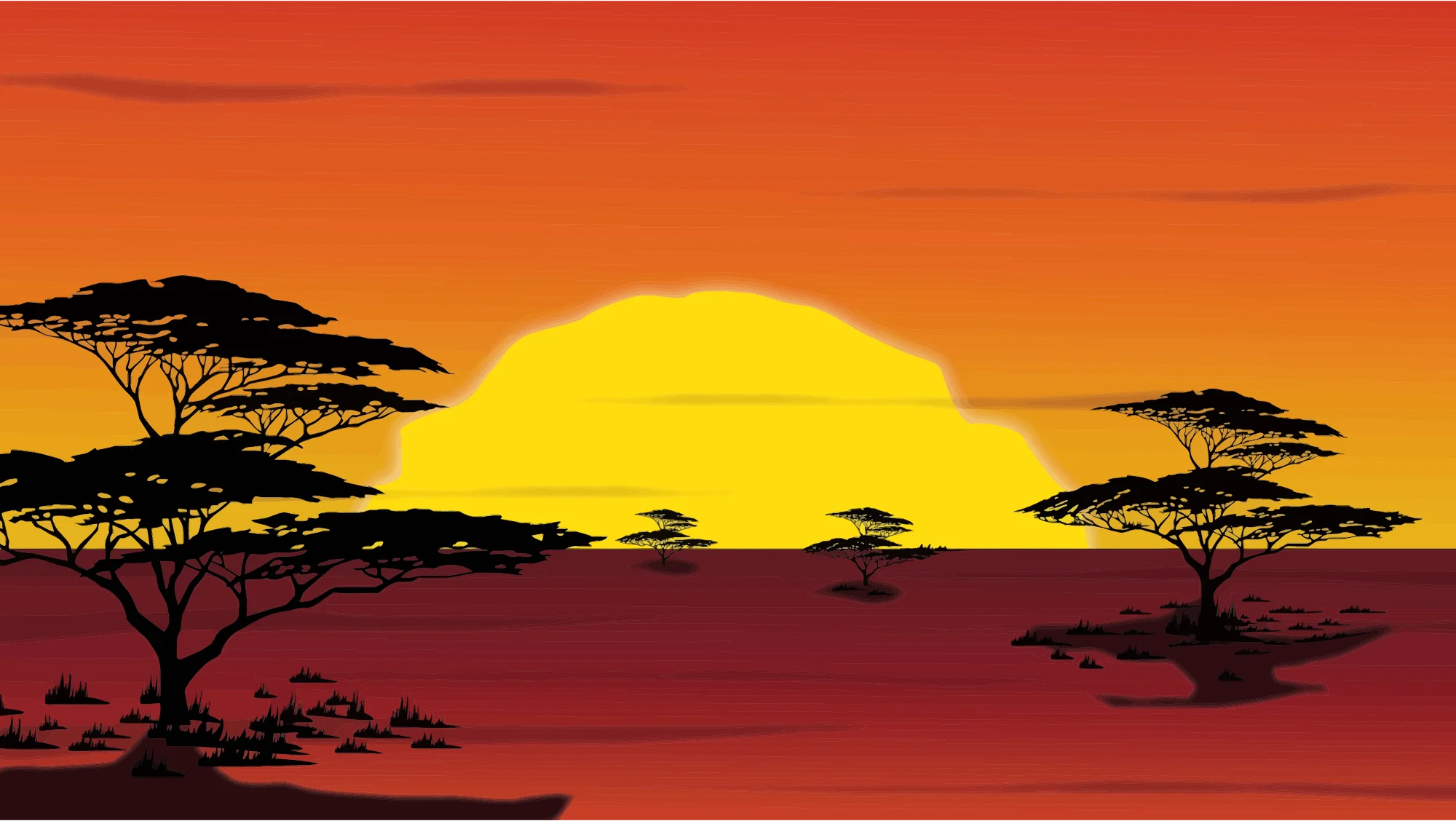 Serene African Savanna Sunset Clipart with Acacia Trees and Glowing Horizon