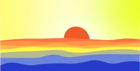 Serene Geometric Sunset Clipart with Layered Color Horizon and Radiant Sun