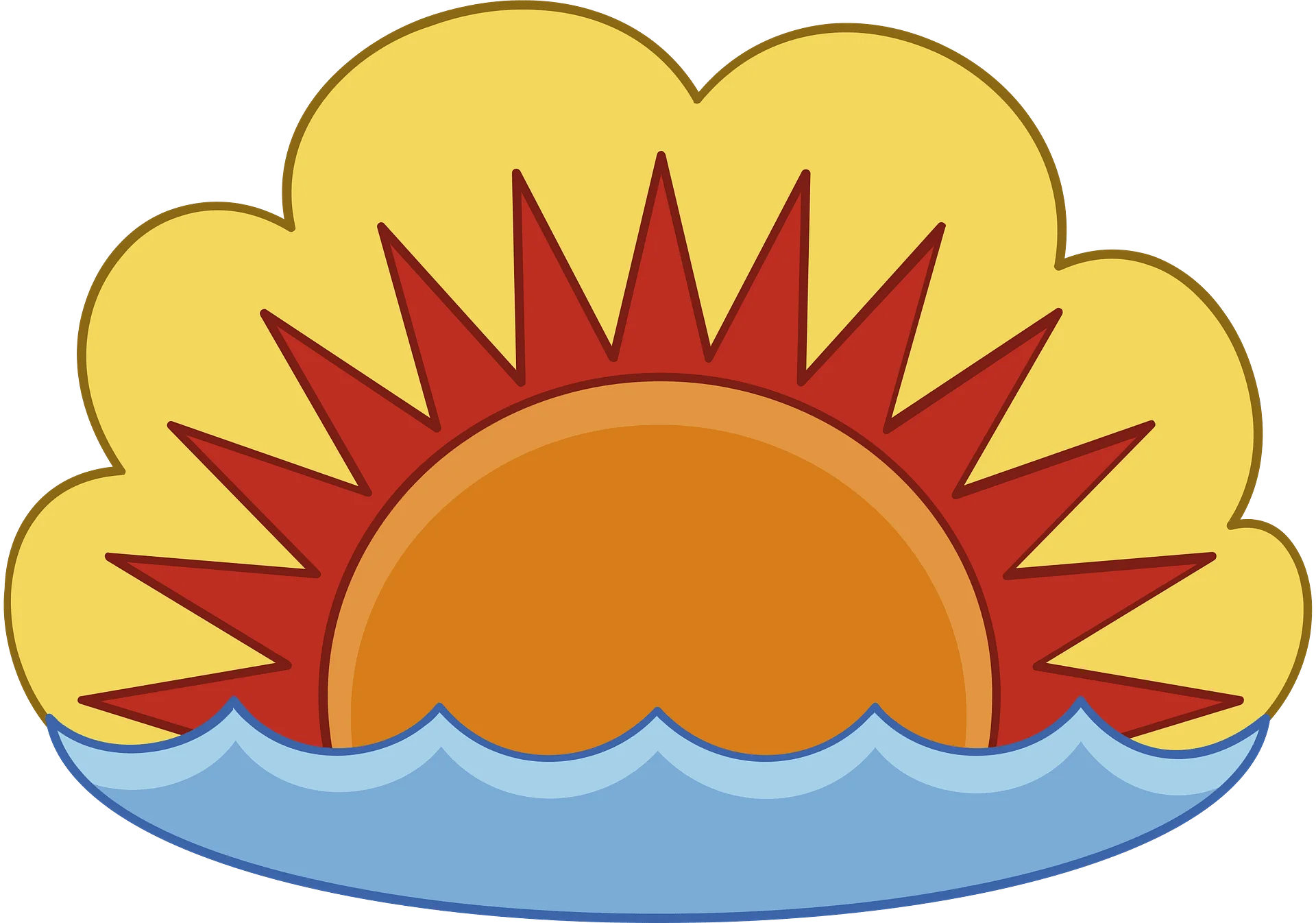 Serene Sunset Clipart Illustration with Radiating Sun and Calm Waterline