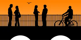 Sunset Urban Silhouettes Clipart - Bridge Scene with Cyclists and Pedestrians