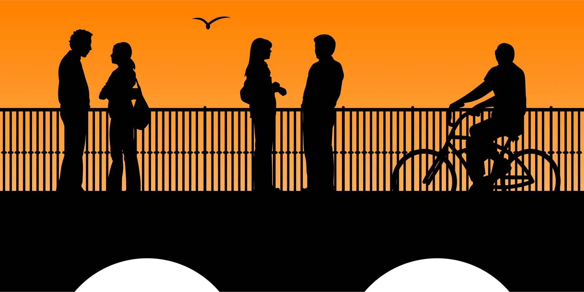 Sunset Urban Silhouettes Clipart - Bridge Scene with Cyclists and Pedestrians