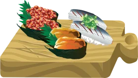 Traditional Japanese Sushi Assortment on Wooden Cutting Board Clipart Illustration