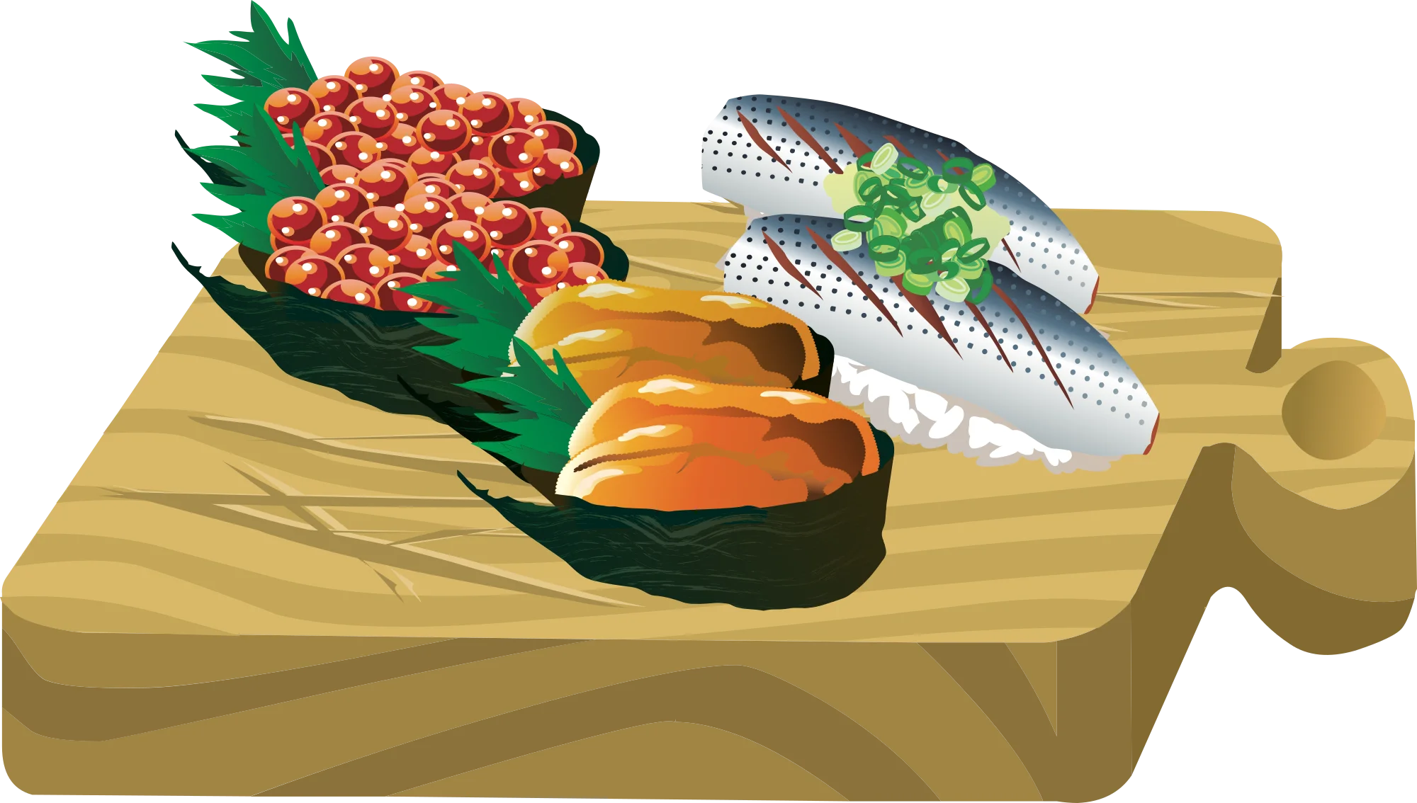 Traditional Japanese Sushi Assortment on Wooden Cutting Board Clipart Illustration