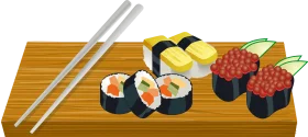 Traditional Japanese Sushi Varieties Arranged on Wooden Serving Board Clipart Illustration
