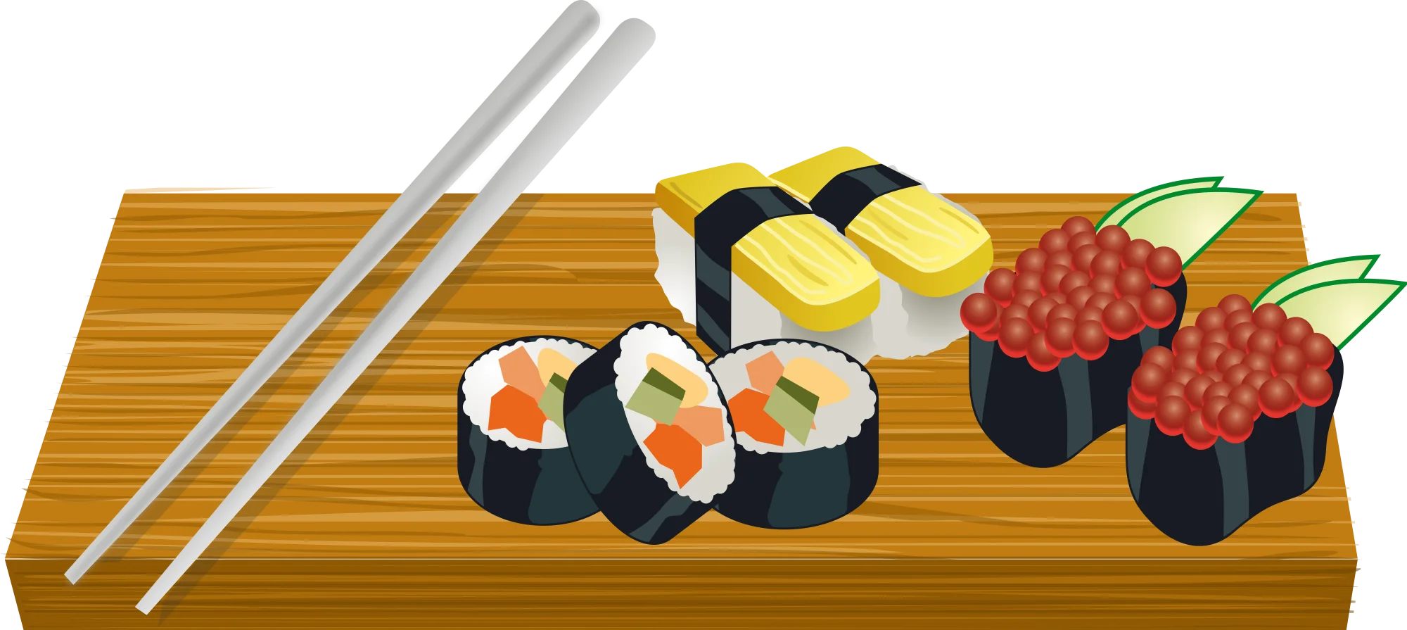 Traditional Japanese Sushi Varieties Arranged on Wooden Serving Board Clipart Illustration