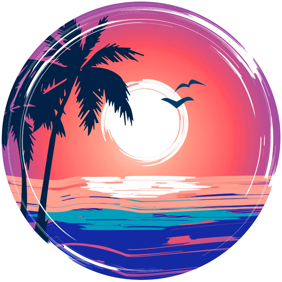 Tropical Paradise Sunset Clipart: Palm Trees and Seascape Silhouette Design