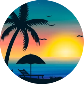 Tropical Paradise Sunset Clipart: Serene Coastal Landscape with Palm and Umbrella