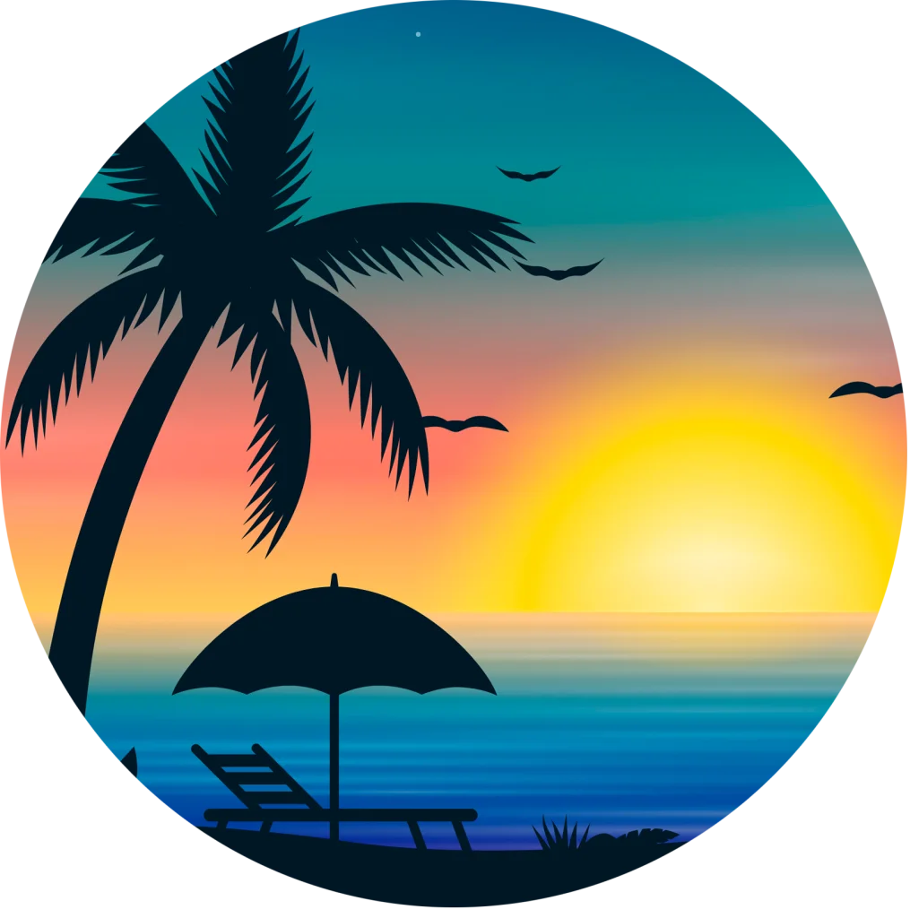 Tropical Paradise Sunset Clipart: Serene Coastal Landscape with Palm and Umbrella