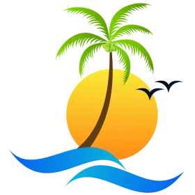 Tropical Paradise Sunset Clipart with Palm Tree and Ocean Waves Silhouette