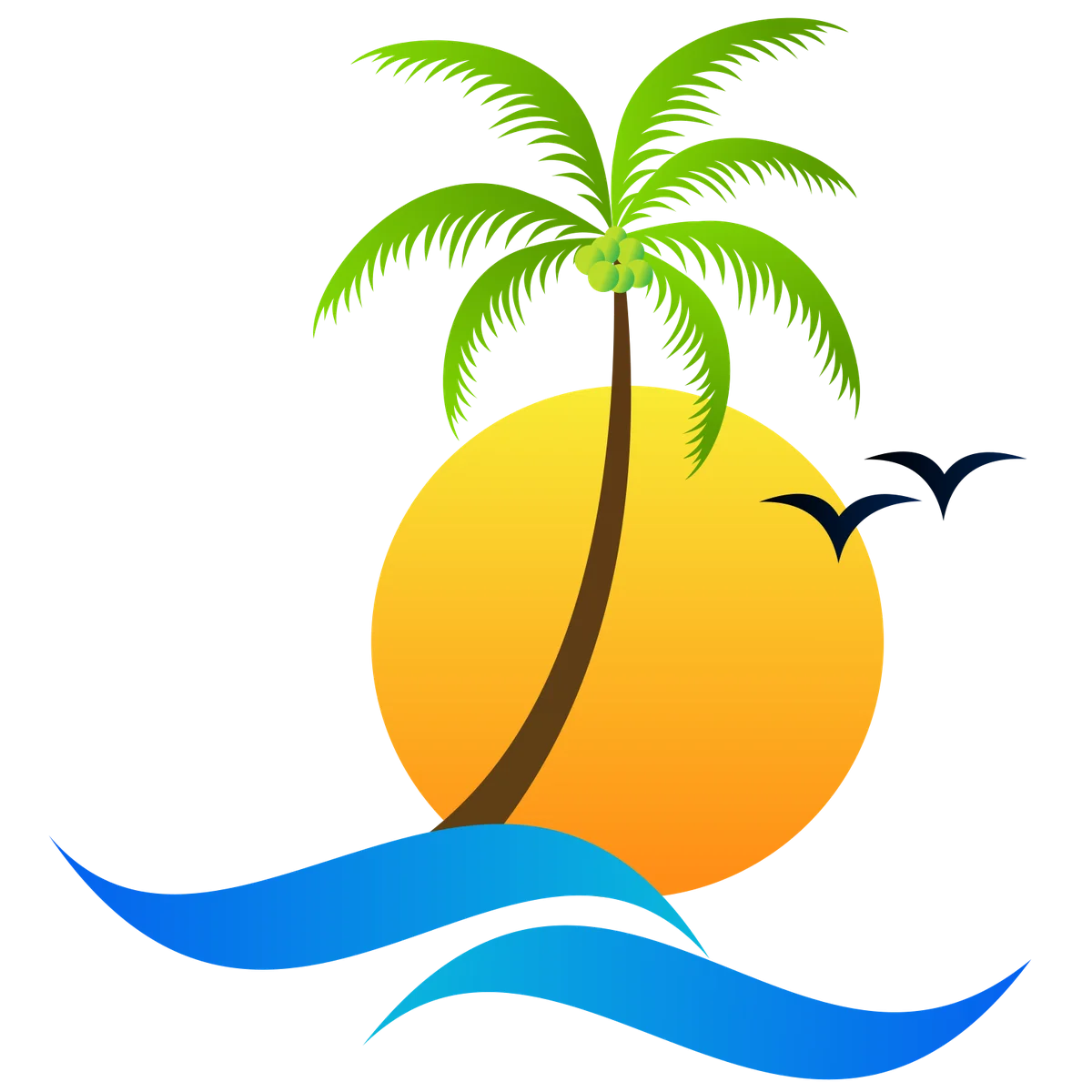 Tropical Paradise Sunset Clipart with Palm Tree and Ocean Waves Silhouette