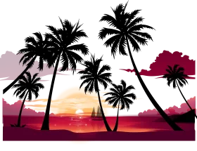 Tropical Paradise Sunset Silhouette Clipart: Palm Trees Framing Serene Ocean Horizon