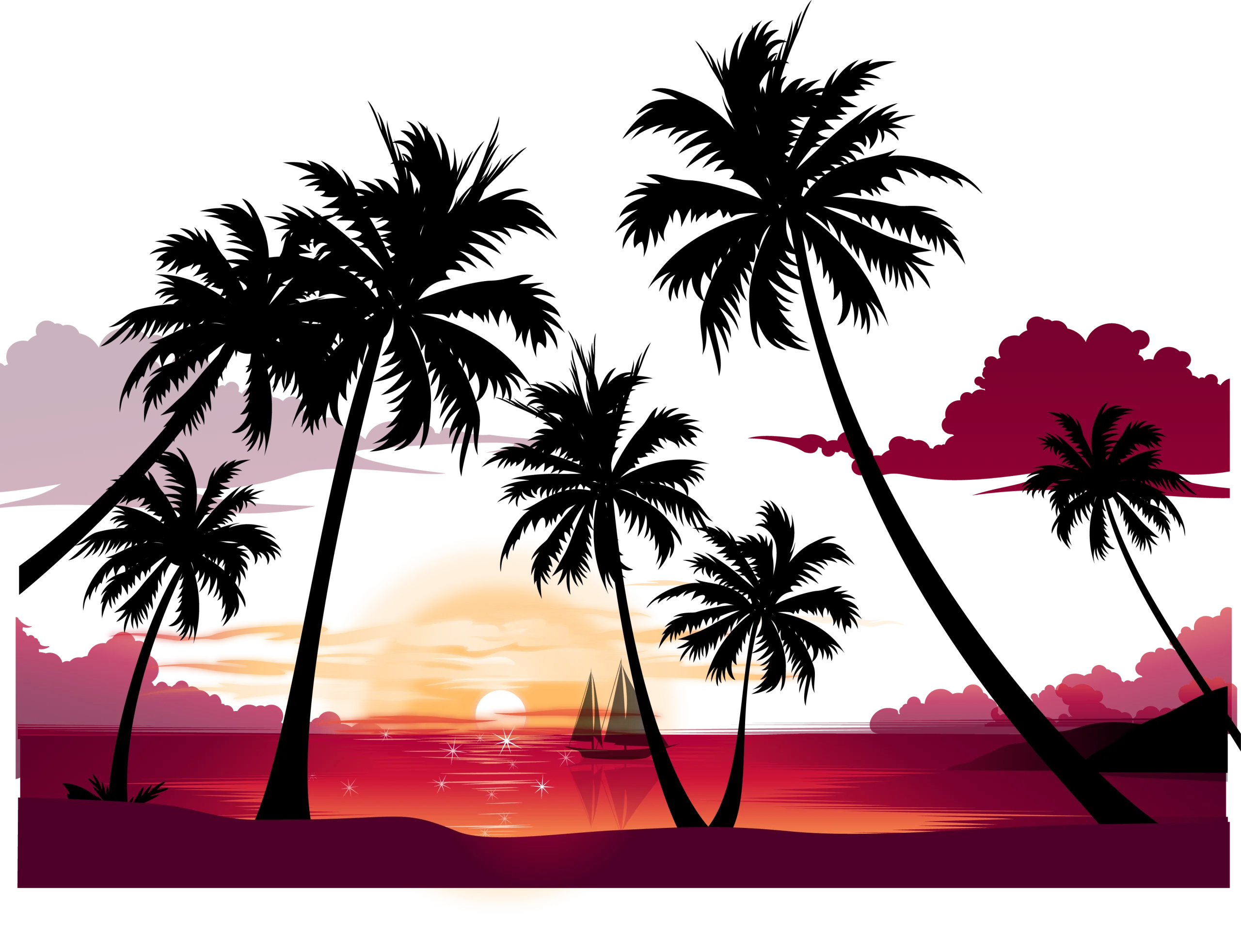 Tropical Paradise Sunset Silhouette Clipart: Palm Trees Framing Serene Ocean Horizon