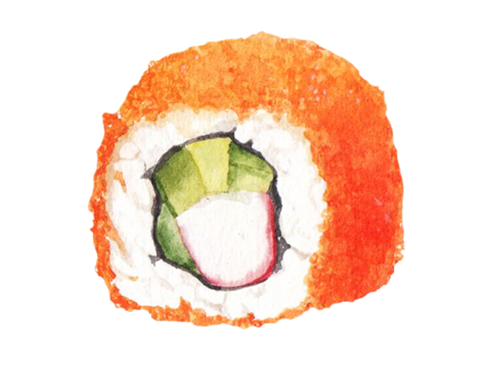 Watercolor Sushi Roll Clipart: Artistic Representation of Salmon and Cucumber Maki