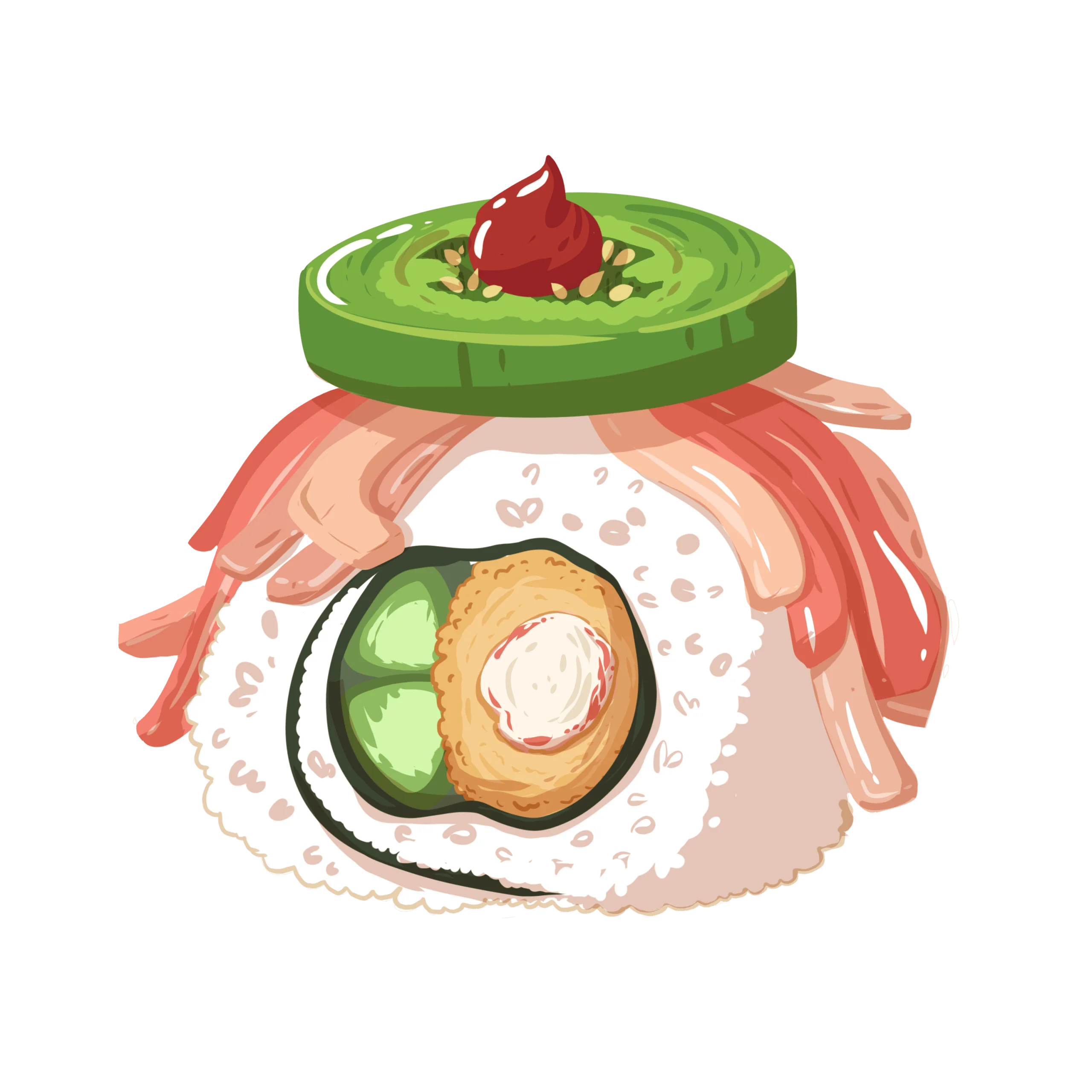 Whimsical Sushi Roll Clipart with Playful Green Lid and Cucumber Slice
