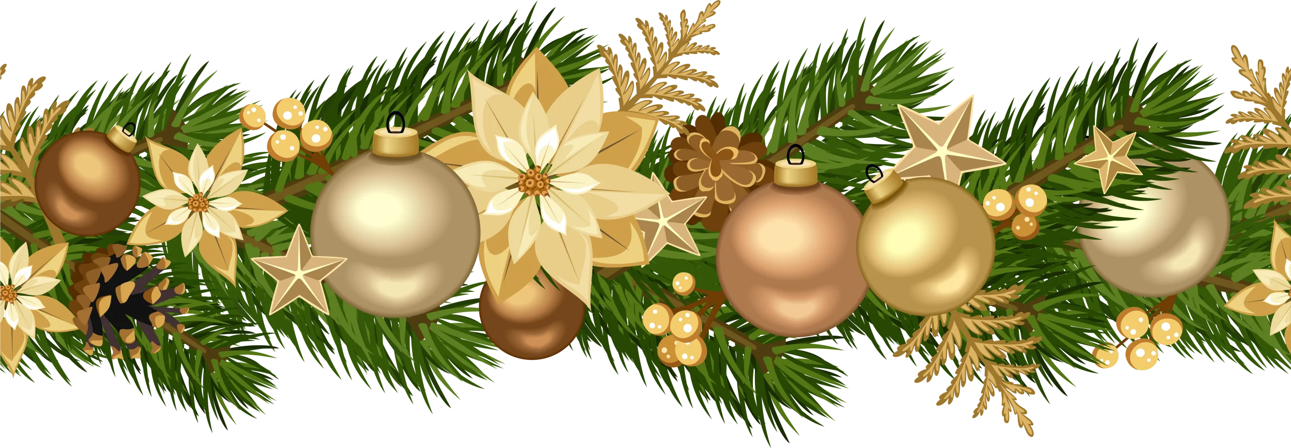 Elegant Christmas Garland Clipart with Golden Ornaments and Pine Branches