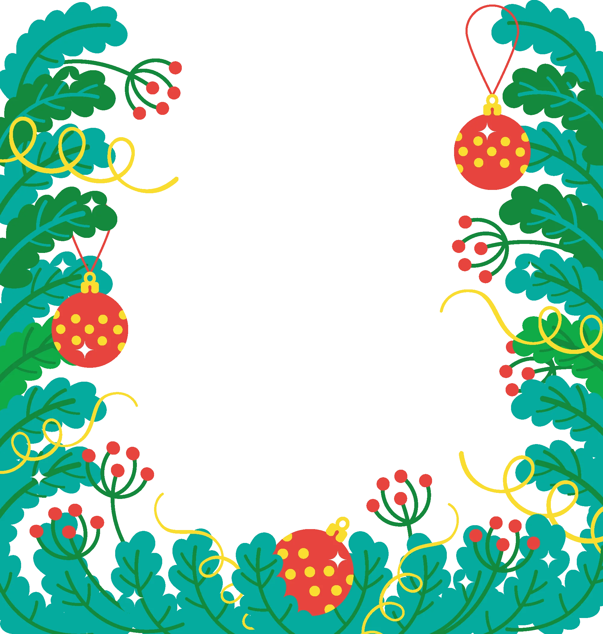 Festive Christmas Border Clipart with Whimsical Green Leaves and Red Ornaments