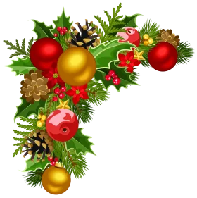Festive Christmas Corner Decoration Clipart with Ornaments and Evergreen Foliage