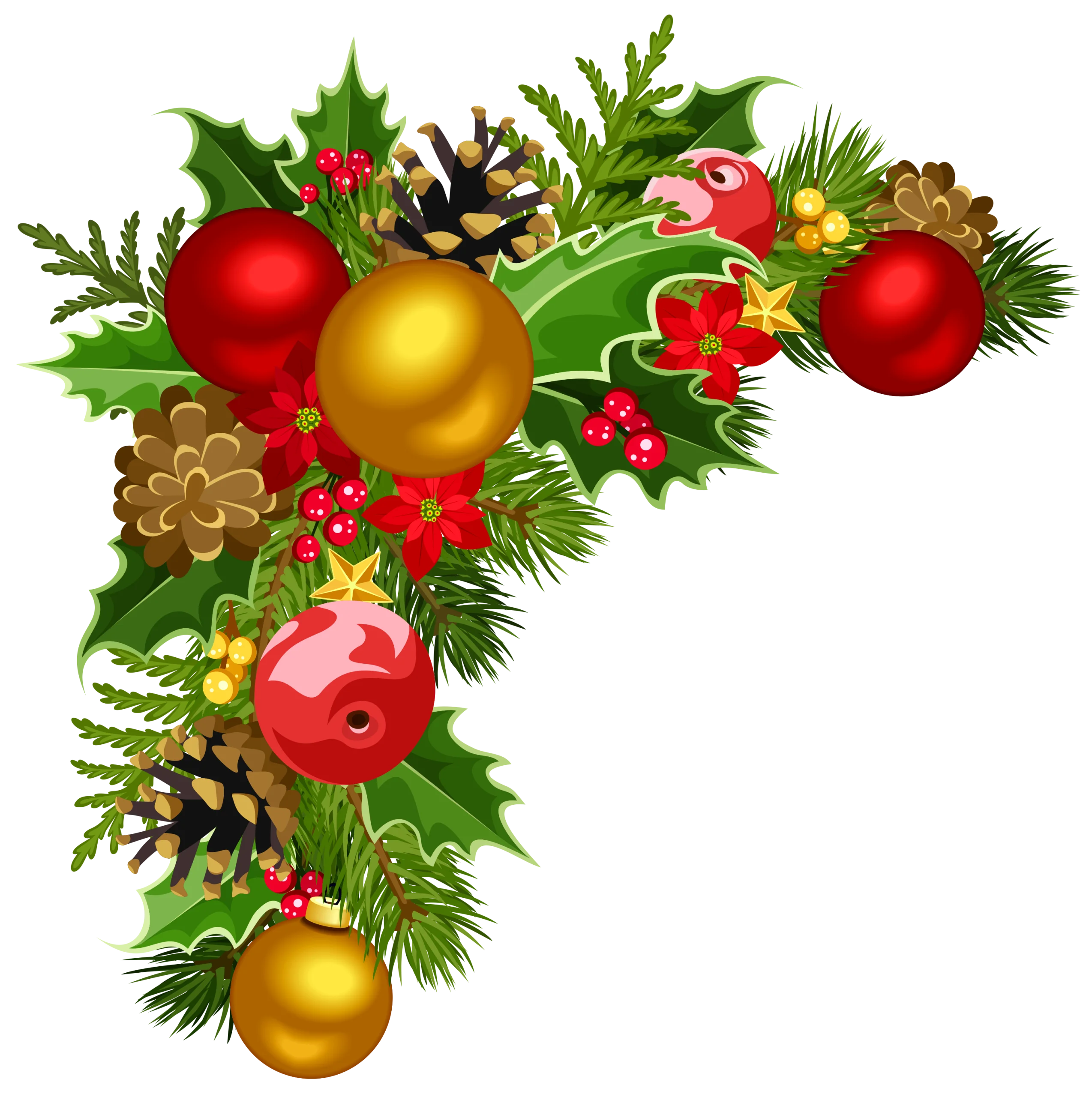 Festive Christmas Corner Decoration Clipart with Ornaments and Evergreen Foliage