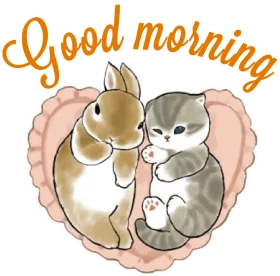 Adorable Good Morning Clipart with Cuddling Bunny and Kitten in Heart Shape