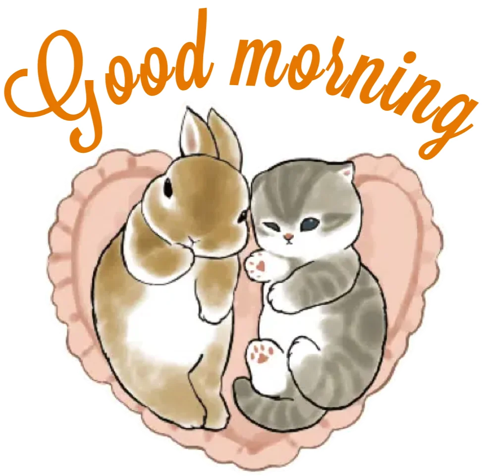 Adorable Good Morning Clipart with Cuddling Bunny and Kitten in Heart Shape