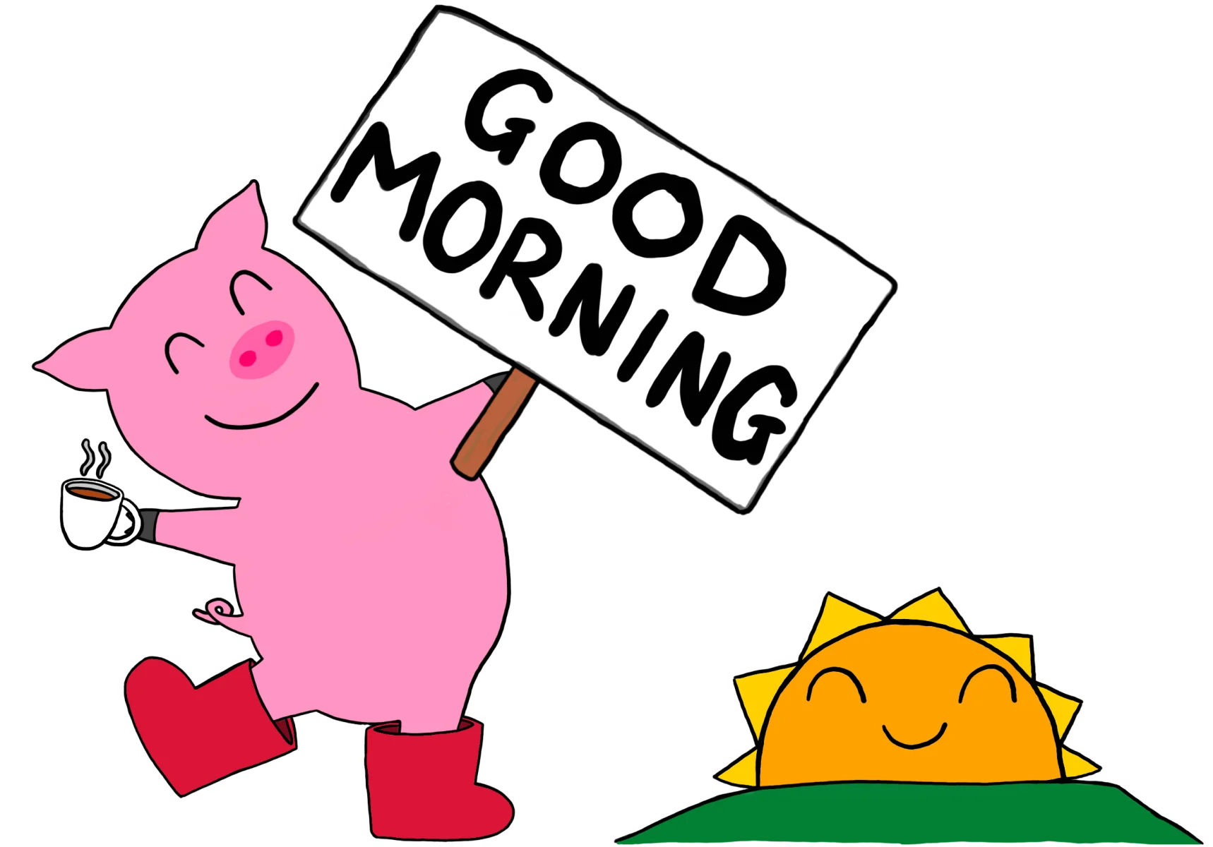 Cheerful Morning Greeting Clipart with Playful Pink Pig and Sunshine