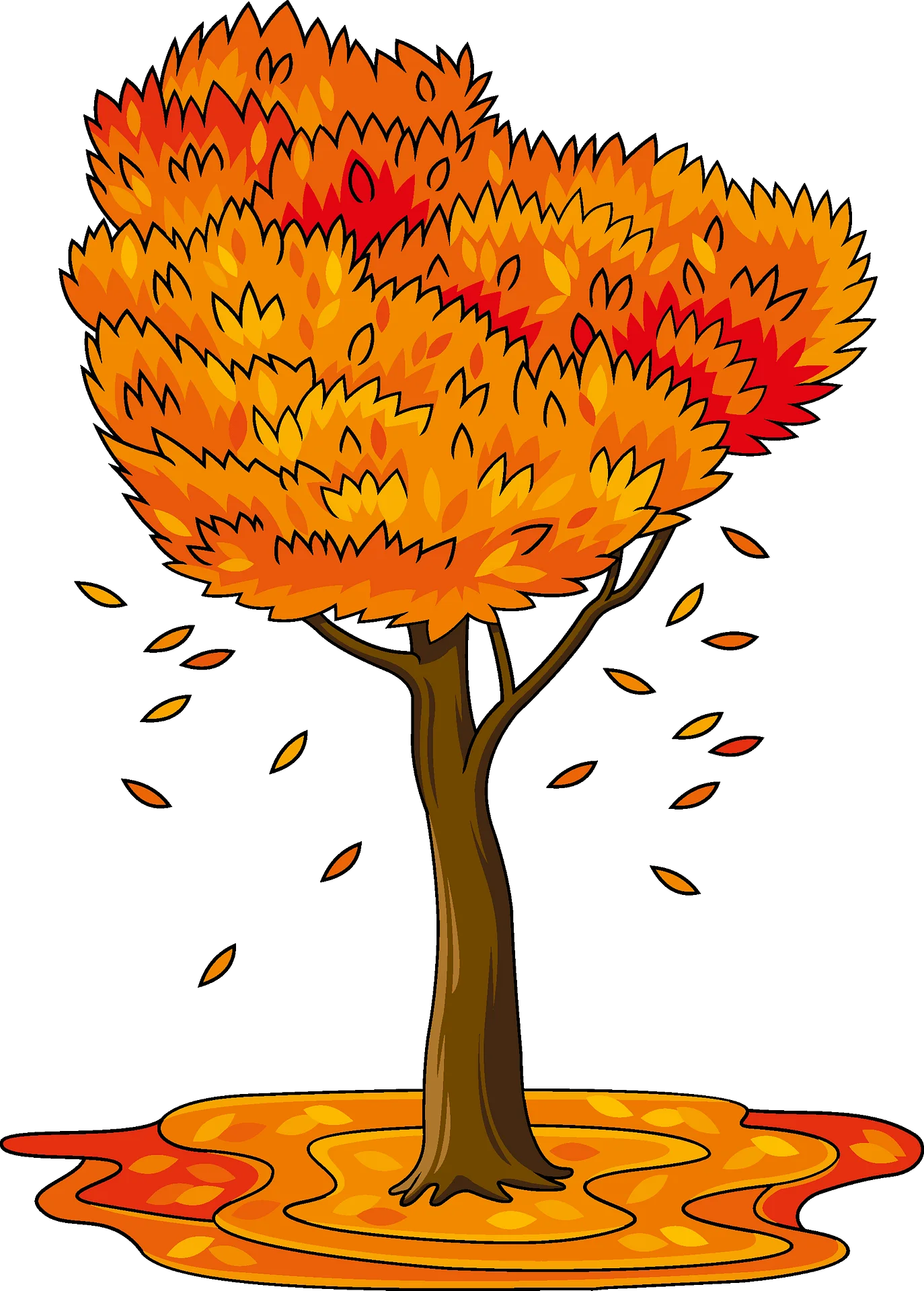 Autumn Blaze: Fiery Seasonal Tree Clipart Illustration with Falling Leaves