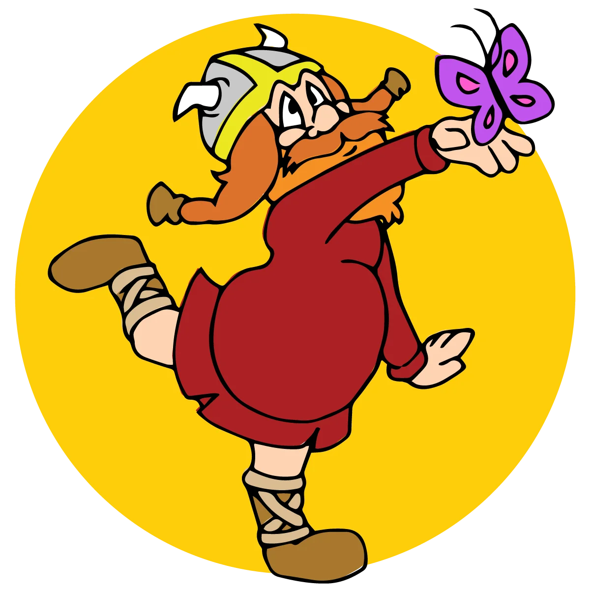 Cheerful Cartoon Gnome Dancing with Butterfly Clipart Illustration