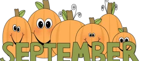 Cheerful Cartoon Pumpkin Characters Spelling Out September Seasonal Clipart